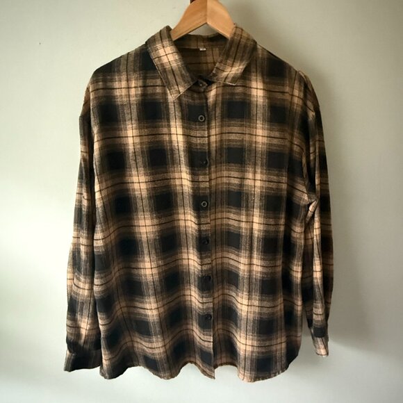 Tops - Tan Brown and Black Plaid Flannel Long Sleeve Collared Button Down Casual Shirt